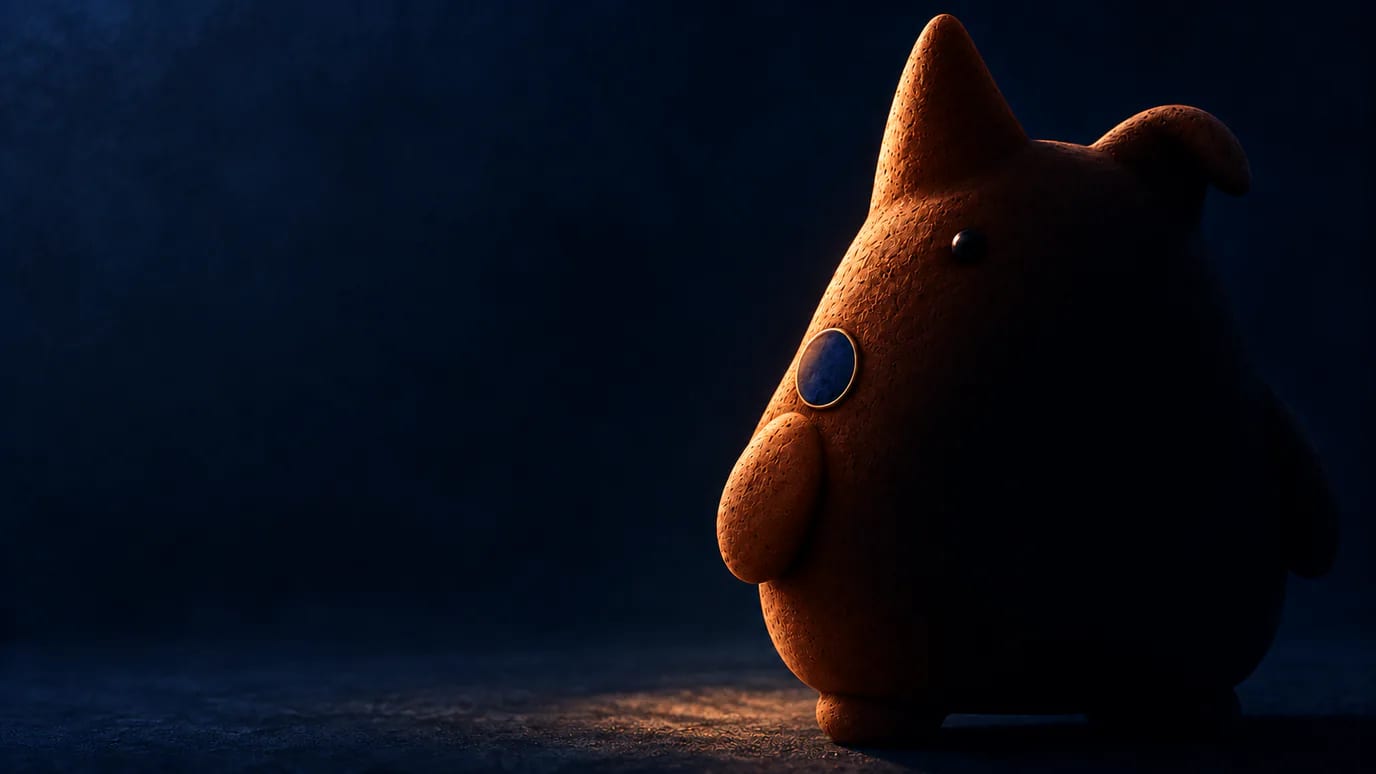 A small clay creature half-lit in the dark, waiting